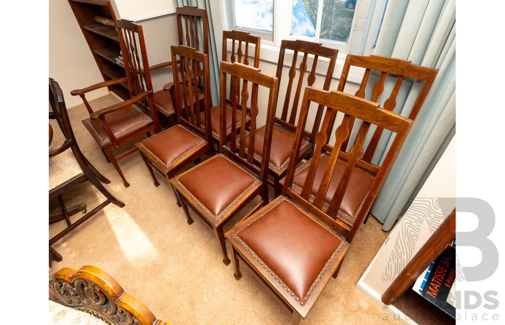 Set of Eight Edwardian Oak Dining Chairs, Including Two Carvers