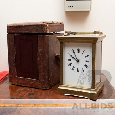 Vintage French Brass Carrige Clock in Leather Case
