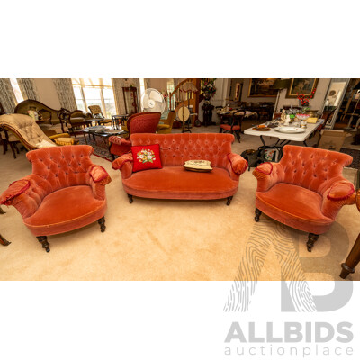Late Edwardian Three Piece Parlour Suite Including Settee and a Pair of Armchairs
