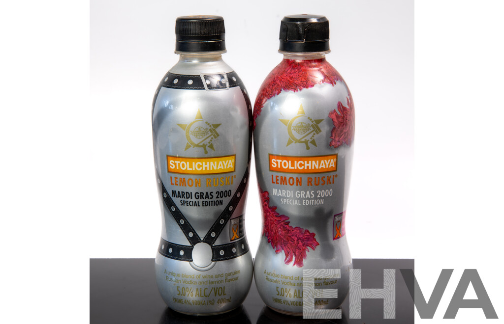 Limited Special Edition Stolichnaya Plastic Mardi Gras 2000 Butch & Bitch 400ml Bottles, Empty