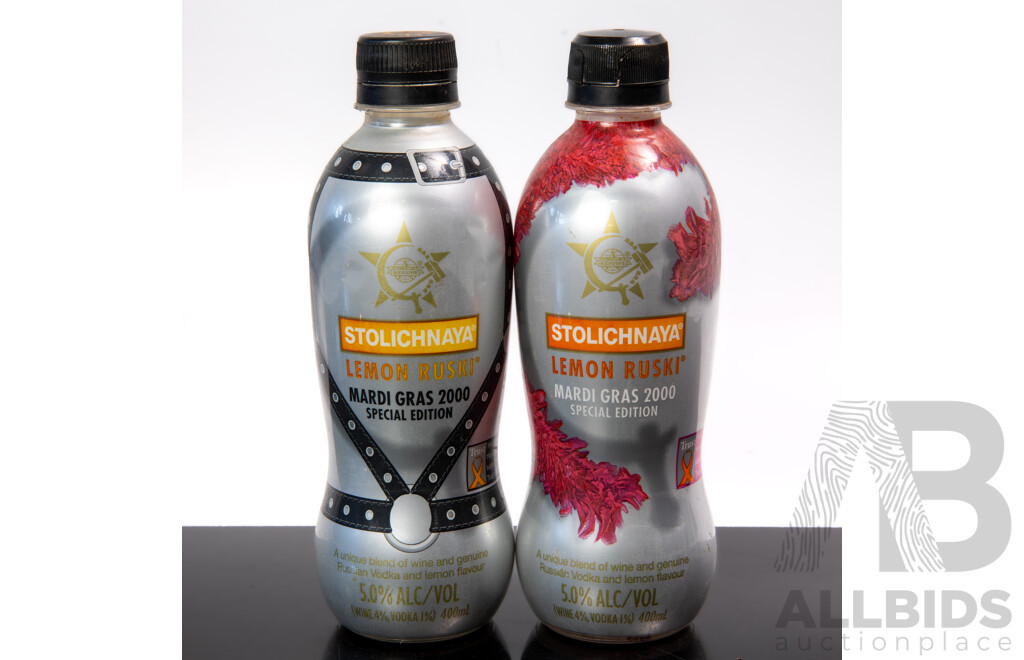 Limited Special Edition Stolichnaya Plastic Mardi Gras 2000 Butch & Bitch 400ml Bottles, Empty