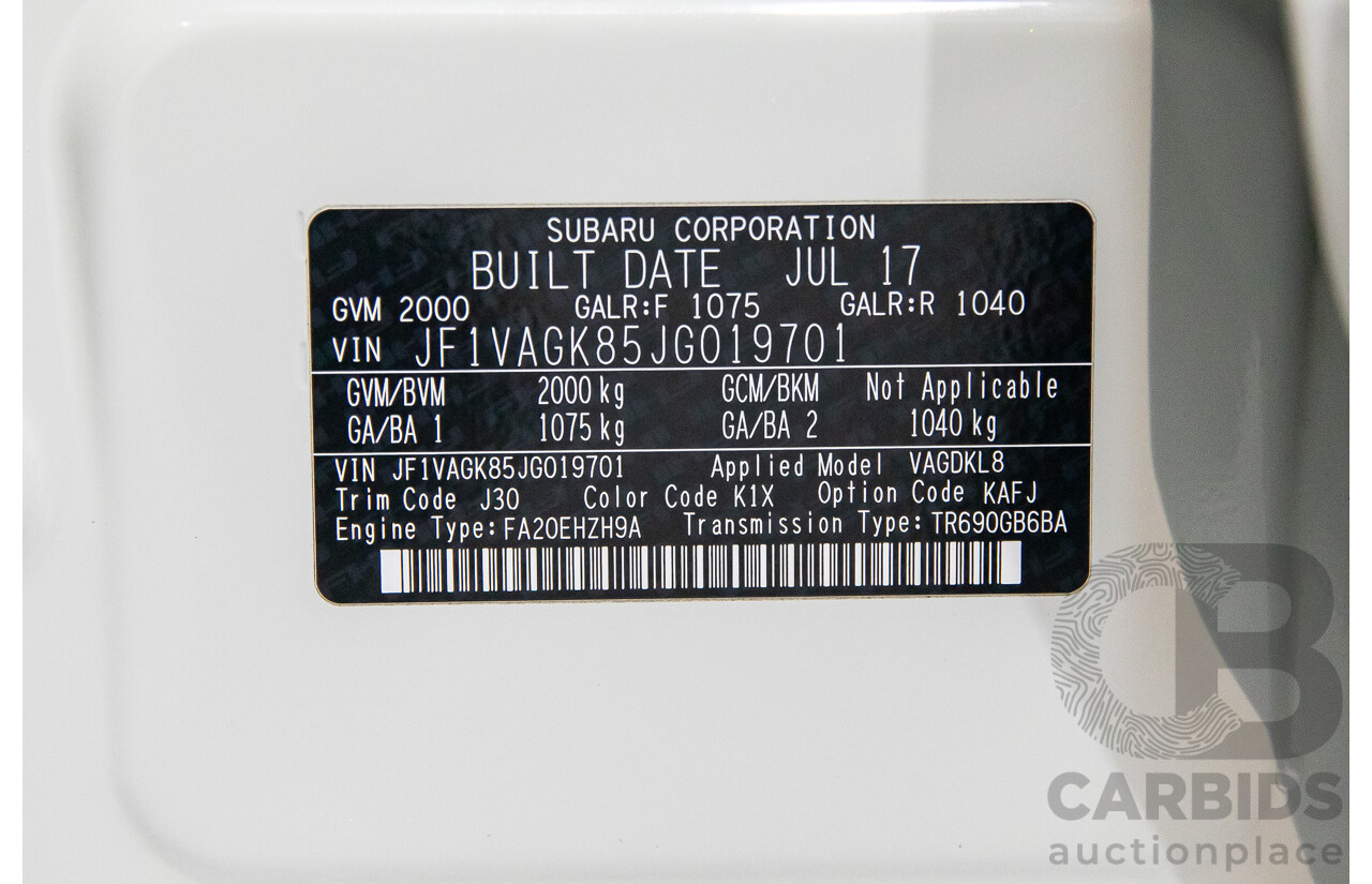 08/2017 Subaru WRX Premium (AWD) MY18 4D Sedan Crystal White Pearl Turbo 2.0L