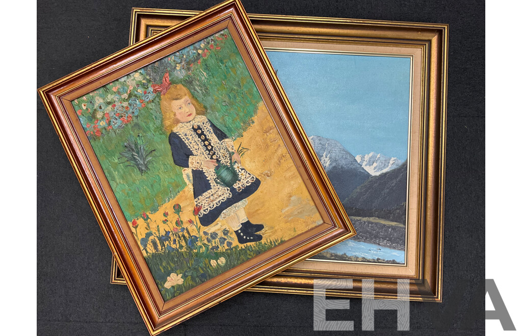 Reproduction “Girl with the Watering Can” by Renoir - Oil on Board, Richard Hansen “Mountains” Oil on Board -Lot of 2