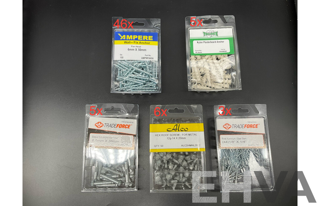 Assortech Fasteners and Anchors, Including Wall- Fix Anchors, Nylon Plasterboard Anchor, Sleeve Bolt Anchor, Hex Roof Screw and Rivet  - Lot of 65