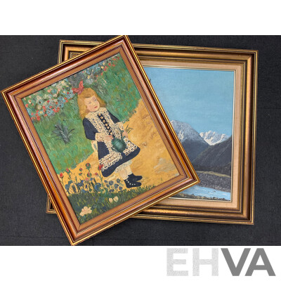 Reproduction “Girl with the Watering Can” by Renoir - Oil on Board, Richard Hansen “Mountains” Oil on Board -Lot of 2