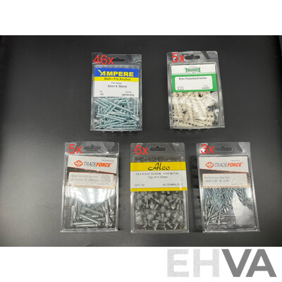 Assortech Fasteners and Anchors, Including Wall- Fix Anchors, Nylon Plasterboard Anchor, Sleeve Bolt Anchor, Hex Roof Screw and Rivet  - Lot of 65