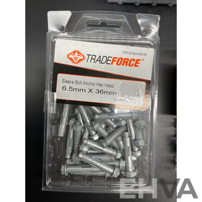 Assortech Fasteners and Anchors, Including Wall- Fix Anchors, Nylon Plasterboard Anchor, Sleeve Bolt Anchor, Hex Roof Screw and Rivet  - Lot of 65