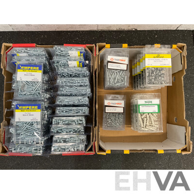 Assortech Fasteners and Anchors, Including Wall- Fix Anchors, Nylon Plasterboard Anchor, Sleeve Bolt Anchor, Hex Roof Screw and Rivet  - Lot of 65
