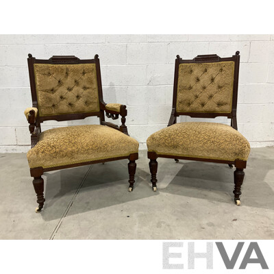 Pair of Grandfather and Grandmother Chairs with Velvet Upholstery