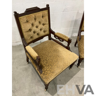 Pair of Grandfather and Grandmother Chairs with Velvet Upholstery