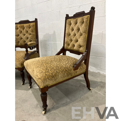 Pair of Grandfather and Grandmother Chairs with Velvet Upholstery