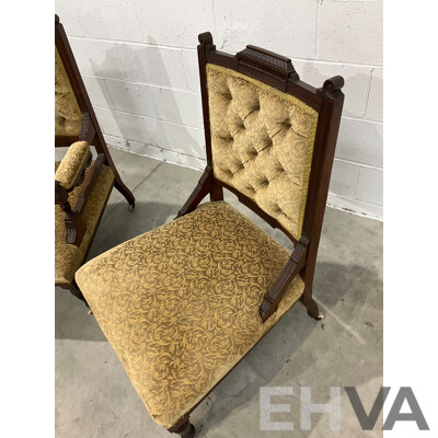 Pair of Grandfather and Grandmother Chairs with Velvet Upholstery