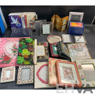 Assorted Photo Frames, Albums, and Wishing Cards