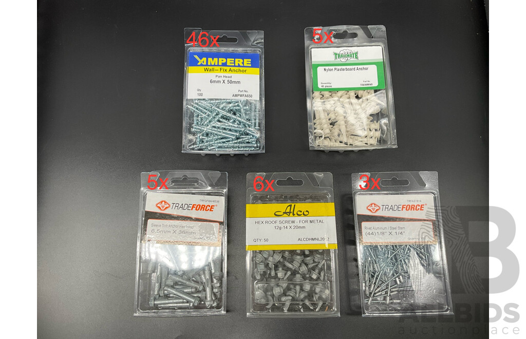 Assortech Fasteners and Anchors, Including Wall- Fix Anchors, Nylon Plasterboard Anchor, Sleeve Bolt Anchor, Hex Roof Screw and Rivet  - Lot of 65