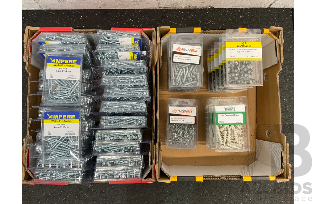 Assortech Fasteners and Anchors, Including Wall- Fix Anchors, Nylon Plasterboard Anchor, Sleeve Bolt Anchor, Hex Roof Screw and Rivet  - Lot of 65