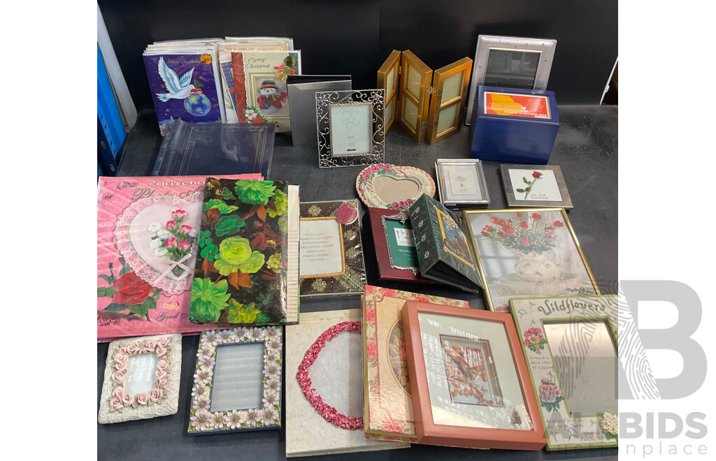 Assorted Photo Frames, Albums, and Wishing Cards