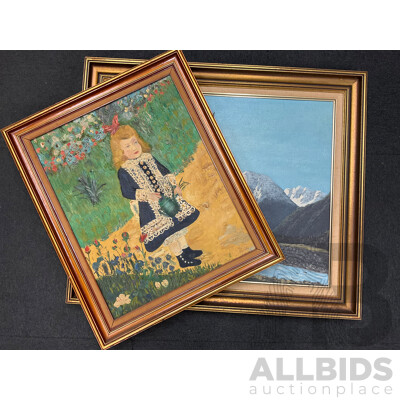 Reproduction “Girl with the Watering Can” by Renoir - Oil on Board, Richard Hansen “Mountains” Oil on Board -Lot of 2
