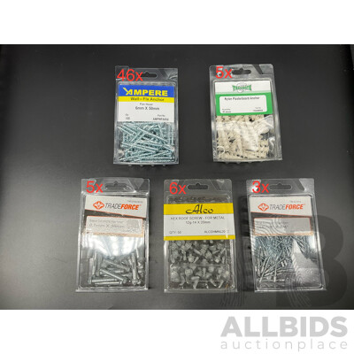 Assortech Fasteners and Anchors, Including Wall- Fix Anchors, Nylon Plasterboard Anchor, Sleeve Bolt Anchor, Hex Roof Screw and Rivet  - Lot of 65