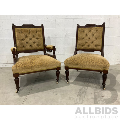 Pair of Grandfather and Grandmother Chairs with Velvet Upholstery