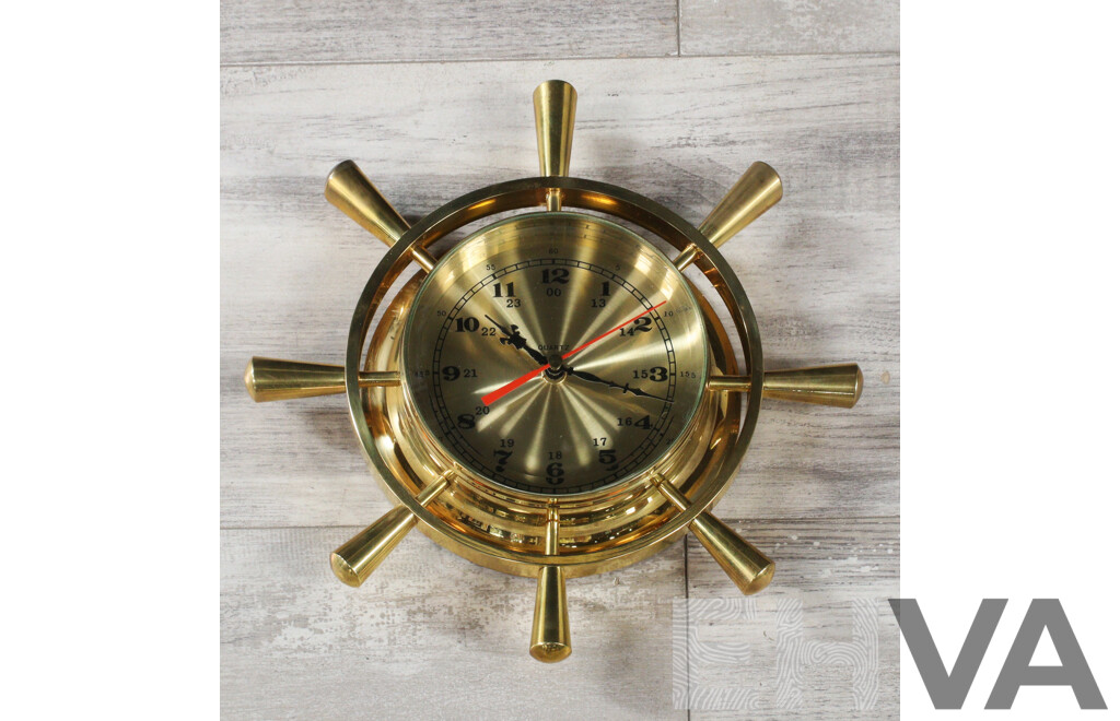 Reproduction Quartz Brass Wall Clock in Ship Helm Form