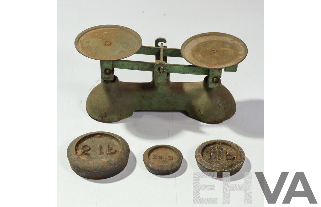 Antique Set Cast Iron Balance Scales with Three Weights