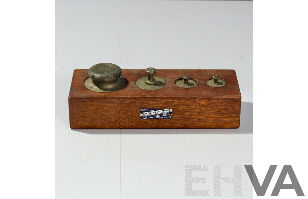 Antique Set Cast Brass Scale Weights in Original Wooden Case by H B Selby & Co, Australia