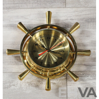Reproduction Quartz Brass Wall Clock in Ship Helm Form