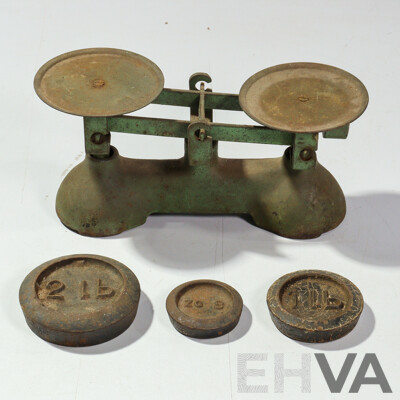Antique Set Cast Iron Balance Scales with Three Weights
