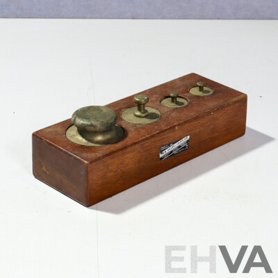 Antique Set Cast Brass Scale Weights in Original Wooden Case by H B Selby & Co, Australia