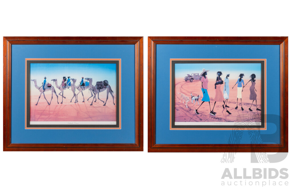 Judy Prosser, (20th Century, Australian), 'Outback Picnic' & 'Breakdown', Pair of Quality Reproduction Prints of Original Watercolour & Gouaches, 55 x 67 cm (frames) (2)