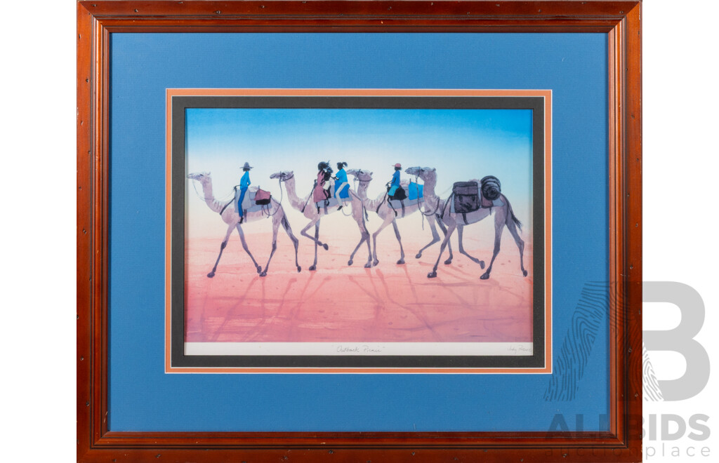 Judy Prosser, (20th Century, Australian), 'Outback Picnic' & 'Breakdown', Pair of Quality Reproduction Prints of Original Watercolour & Gouaches, 55 x 67 cm (frames) (2)