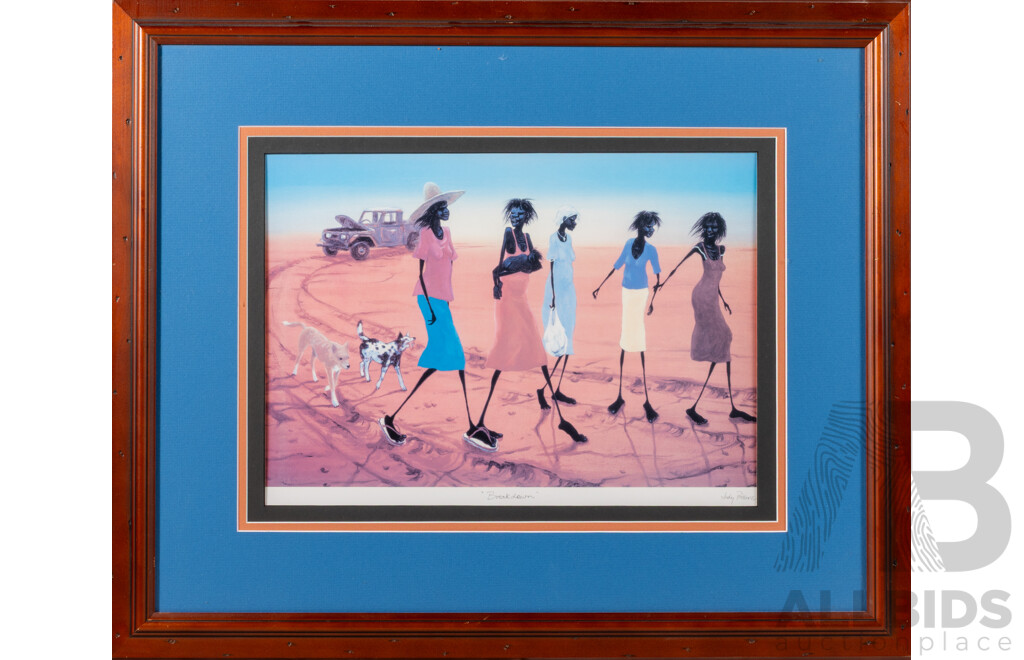 Judy Prosser, (20th Century, Australian), 'Outback Picnic' & 'Breakdown', Pair of Quality Reproduction Prints of Original Watercolour & Gouaches, 55 x 67 cm (frames) (2)