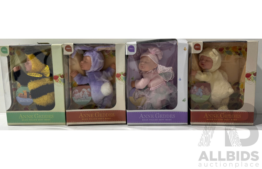 Collection of Four Anne Geddes Bean Filled Soft Body Dolls