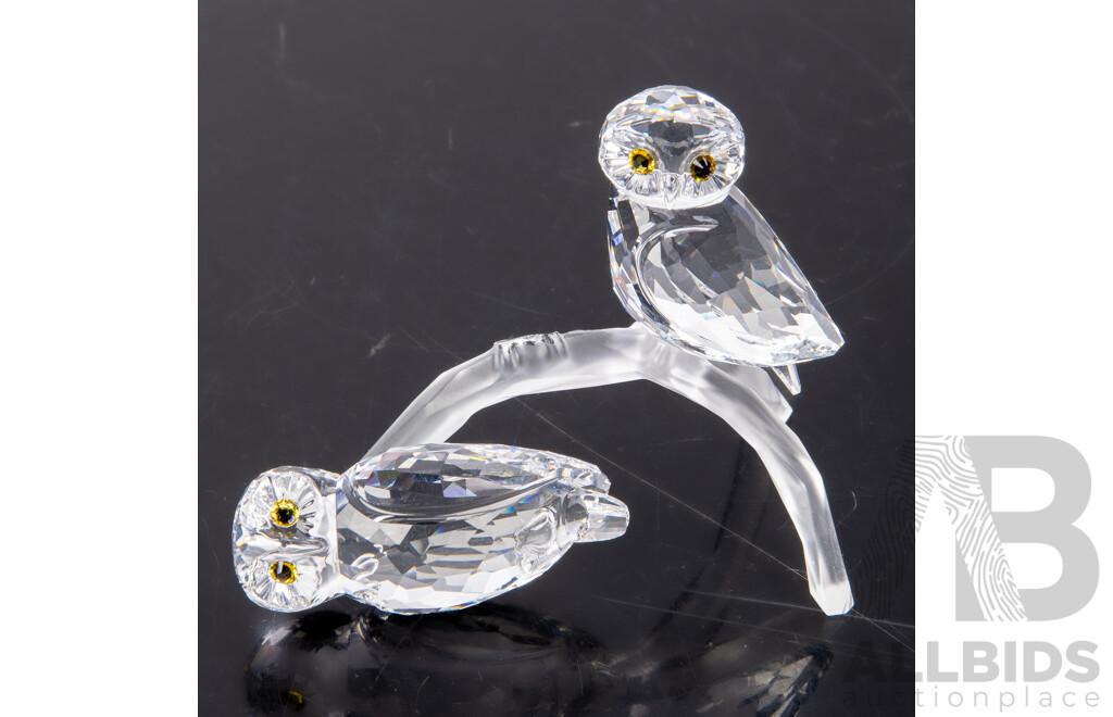 Swarovski Austrian Crystal Pair Owls on Branch in Original Box and Packaging