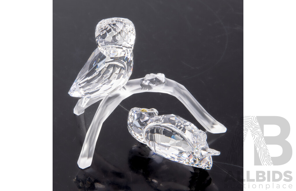 Swarovski Austrian Crystal Pair Owls on Branch in Original Box and Packaging