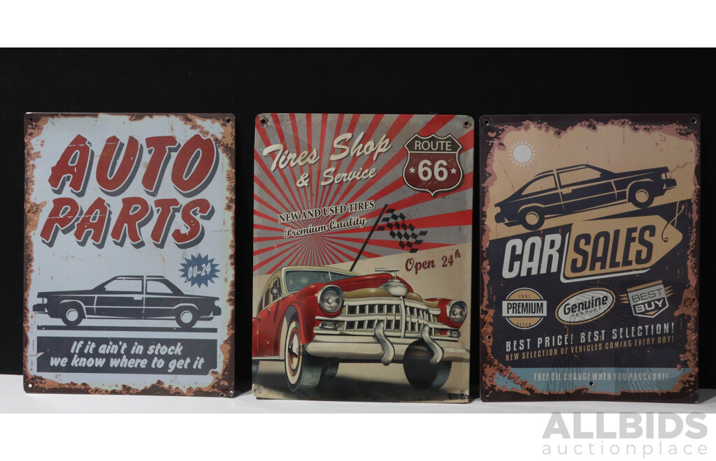 Collection of Three Reproduction Tin Auto Signs