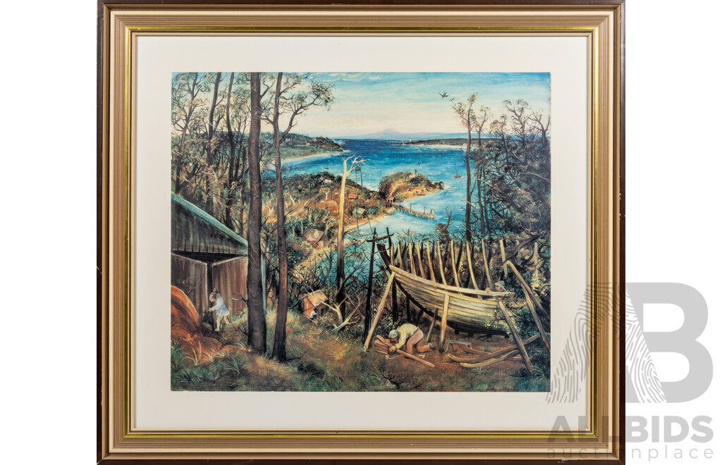 Arthur Boyd, (20th Century, Australian, 1920-1999), Boat Builders, Eden, NSW, NGA, Reproduction Print (1982) of Original Tempera & Oil on Board (1948), 55 x 62 cm (frame)