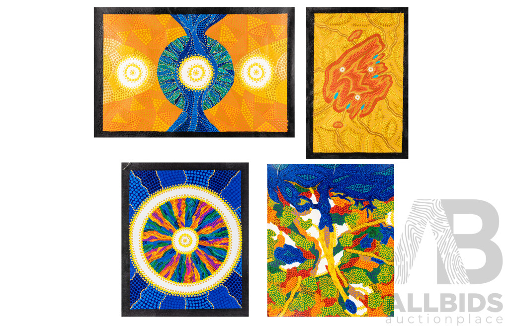 John McFadden (JackMac) (20th Century, Indigenous-Australian), Uluru, Mt. Warning, Heavitree Gap & WaterWitch, Nice Collection of Four Original Acrylic on Canvases, 60 x 41 cm (largest) (4)