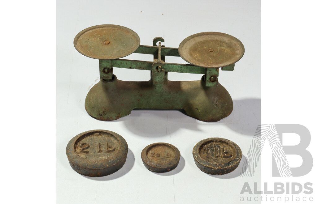 Antique Set Cast Iron Balance Scales with Three Weights
