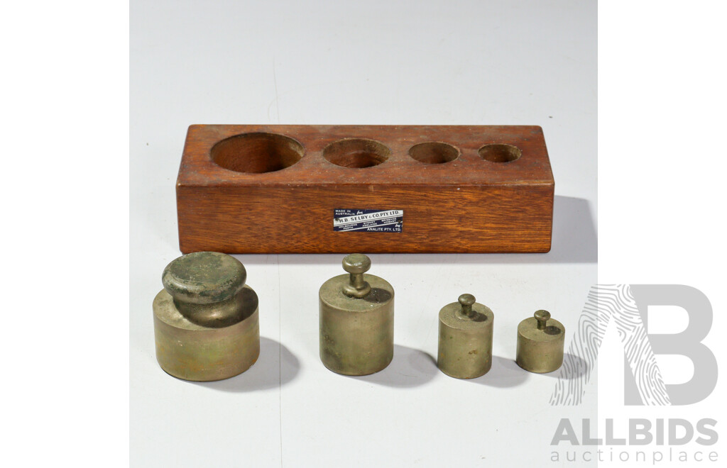 Antique Set Cast Brass Scale Weights in Original Wooden Case by H B Selby & Co, Australia