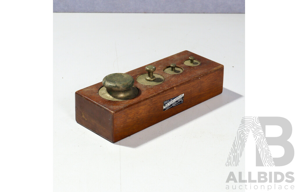 Antique Set Cast Brass Scale Weights in Original Wooden Case by H B Selby & Co, Australia