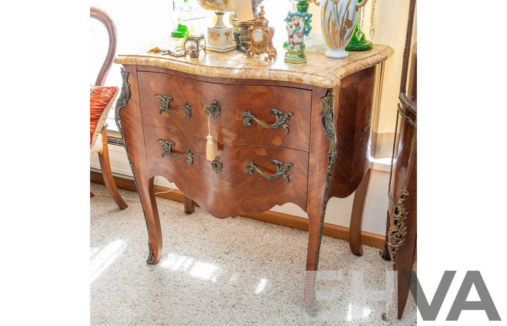 Small Louis XV Style Two Drawer Marble Top Bombe Commode Chest
