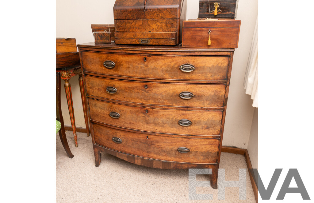 Georgian Flame Mahogany Bow Front Chest of Four Drawers