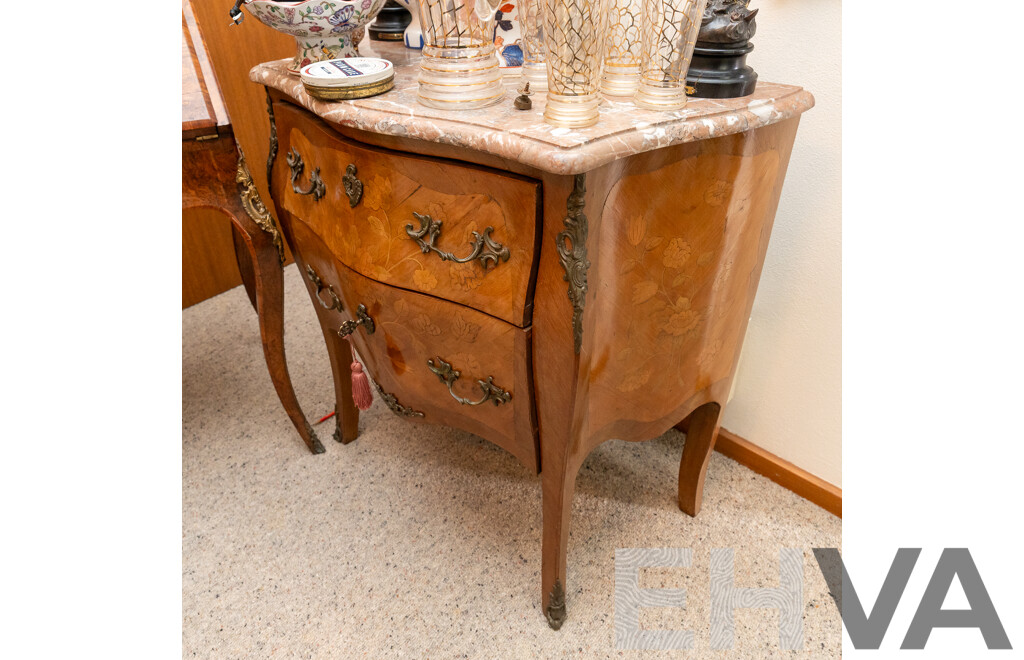 Small Louis XV Style Marble Top Two Drawer Bombe Commode Chest
