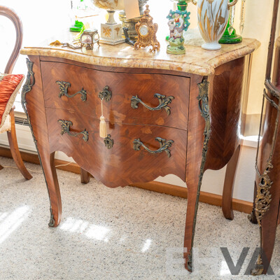 Small Louis XV Style Two Drawer Marble Top Bombe Commode Chest