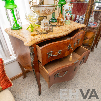Small Louis XV Style Two Drawer Marble Top Bombe Commode Chest