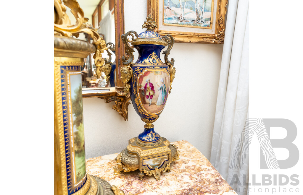 Impressive Late 19th Century Sevres Style Porcelain Ormolu Mantle Clock with Garniture