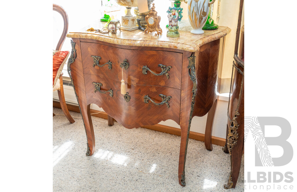 Small Louis XV Style Two Drawer Marble Top Bombe Commode Chest