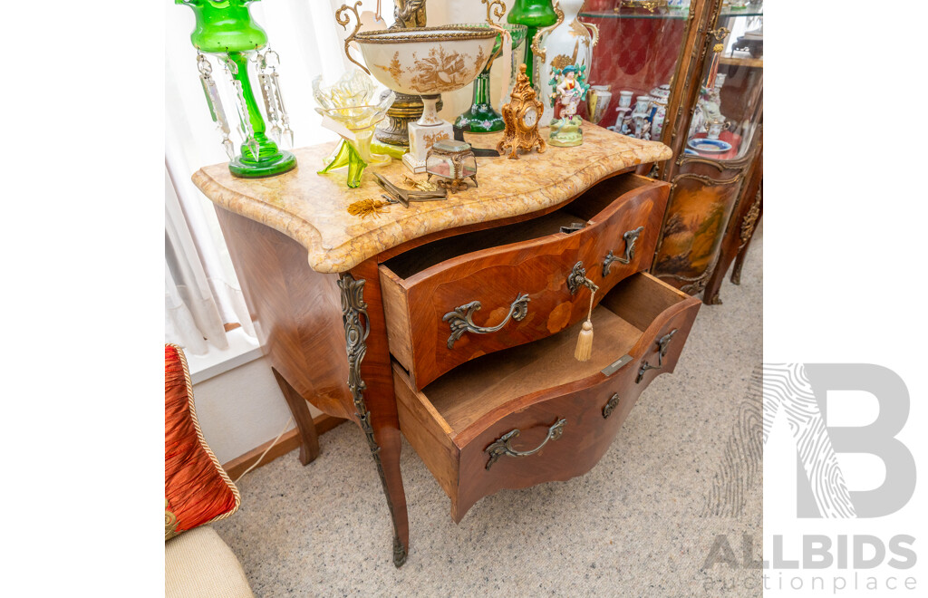 Small Louis XV Style Two Drawer Marble Top Bombe Commode Chest