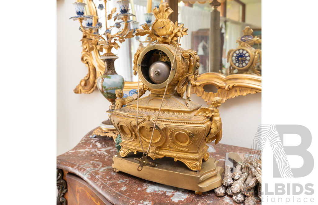 Late 19th Century Brass Sevres Style Mantle Clock with Porcelain Detail